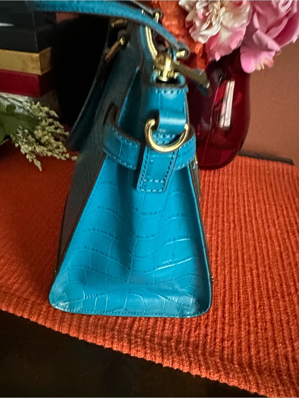 Ralph Lauren Turquoise Croc-Embossed Satchel with Gold Hardware - Picture 4 of 16